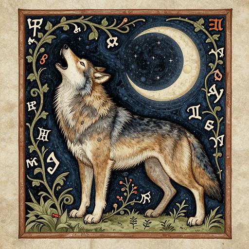 Illustration of a howling wolf under a crescent moon, surrounded by mystical symbols and vines, in a medieval-style frame.