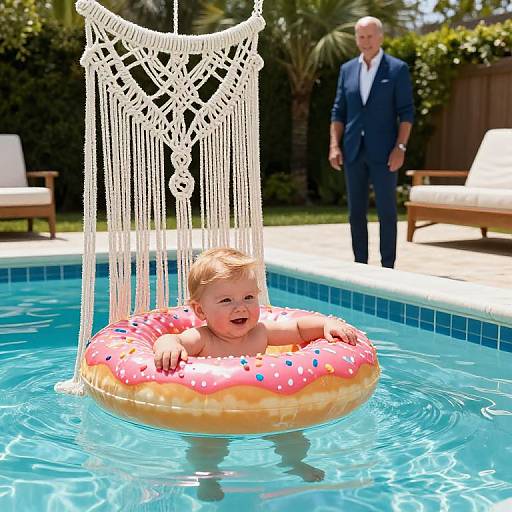 Photograph of a smiling baby in a pink donut float with white and blue sprinkles, wearing a white macramé swim hat, in a