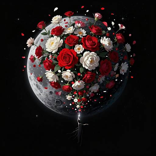 Digital art of a moon covered in vibrant red and white roses, with petals floating away, against a black background. A silhouetted figure stands