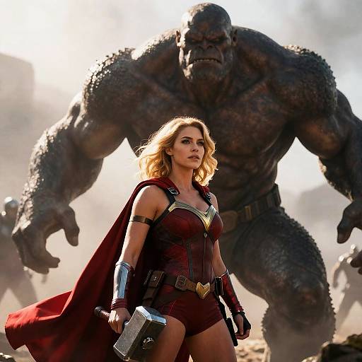 Blonde Superhero Confronts Dark Scaly Monster