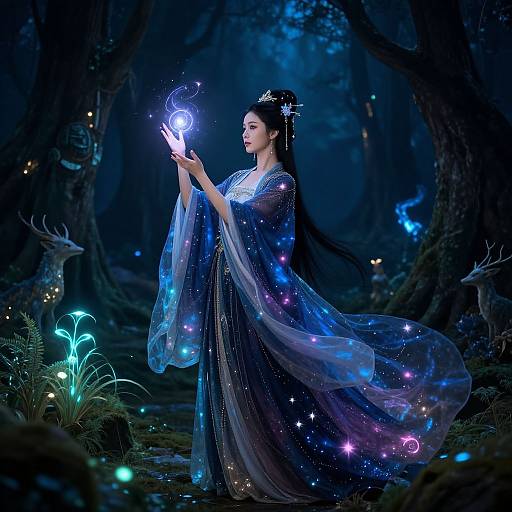 Magical forest scene: Asian woman in flowing, starlit blue gown, holding glowing blue-white orb, surrounded by bioluminescent plants and eth