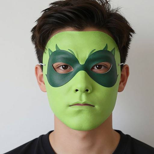 Photograph of an Asian man with short black hair, wearing a bright green face mask with a dark green mask pattern, against a white background.