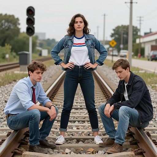 Confident Trio on Rural Railroad Tracks