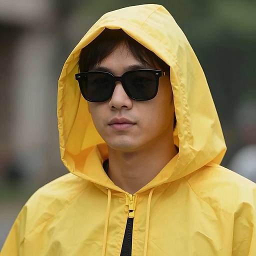 Photograph of an Asian man with medium skin tone, wearing a bright yellow hooded rain jacket and black sunglasses, standing outdoors. Blurred greenery
