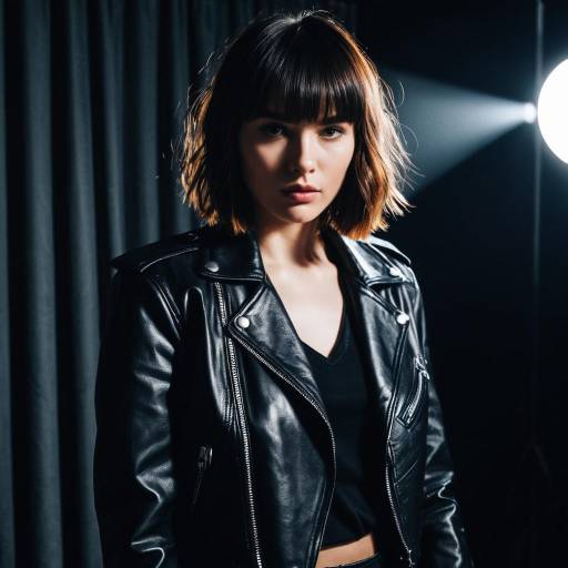 Fashion Model with Curtain Bangs and Leather Jacket