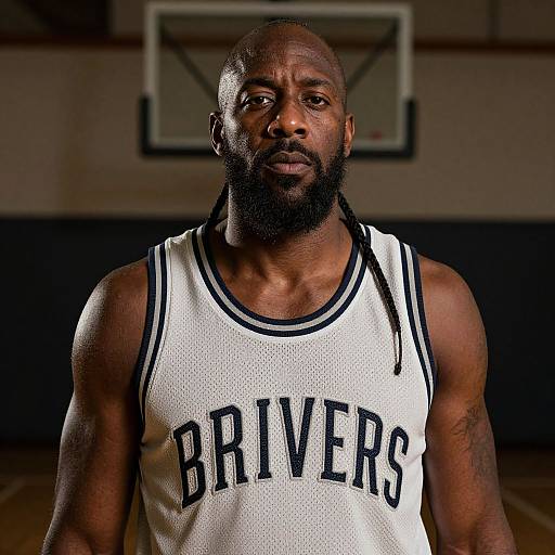 Photograph of a muscular, bald black man with a full beard, wearing a white 