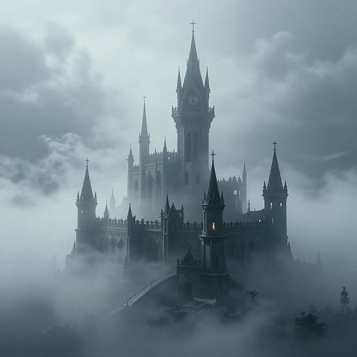 Photograph of a Gothic-style castle shrouded in mist and clouds, with tall spires and cross-topped towers, under a moody,