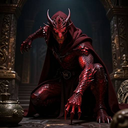 Digital art of a red-scaled, horned demon with glowing eyes, crouching in a dark, ornate, gothic chamber, wearing