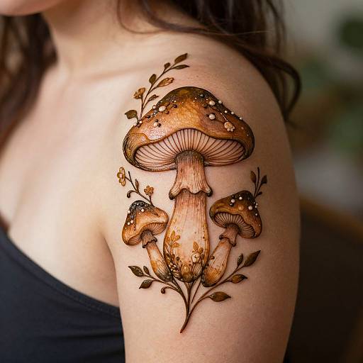 Photograph of a woman's shoulder with a detailed, colorful mushroom tattoo featuring three large mushrooms and small leaves, in an ink style.