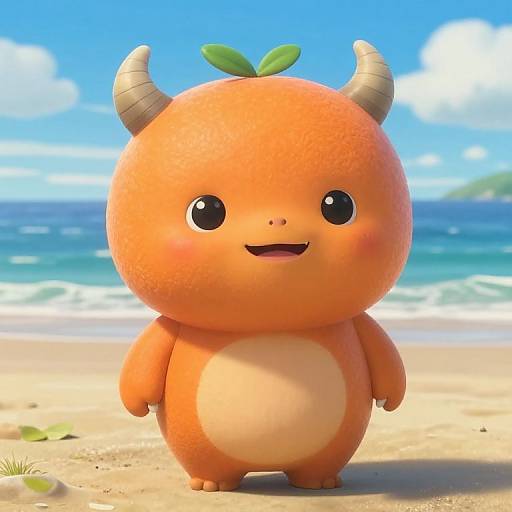 Cute CGI cartoon orange dragon with small horns, round face, and a leaf on top, stands on a sunny beach with blue ocean in the background