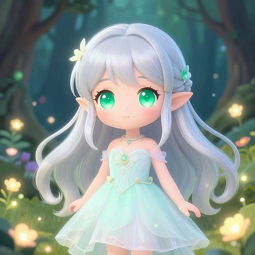 Digital anime-style drawing of a cute, young elf girl with long silver hair, large green eyes, wearing a white dress, standing in a magical forest