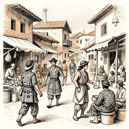 Ink-style illustration of a bustling, historical village scene with men in patterned, traditional attire, sitting and walking amidst rustic buildings.