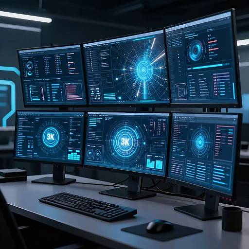 Photograph of a futuristic dark office with six large, glowing blue monitors displaying complex digital interfaces and holographic screens on a sleek white desk.