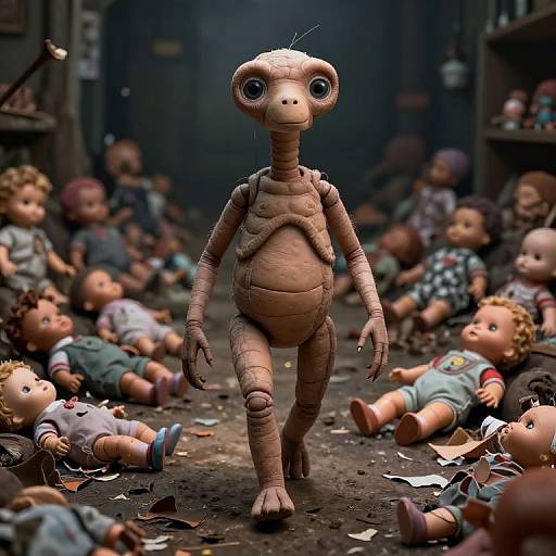 Horror Alien Among Broken Dolls