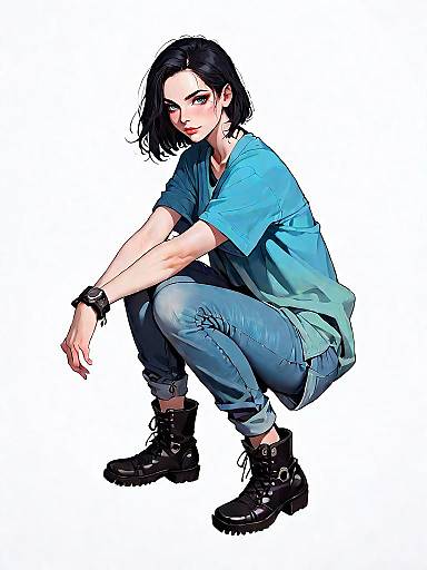 Casual Woman in Streetwear Squatting