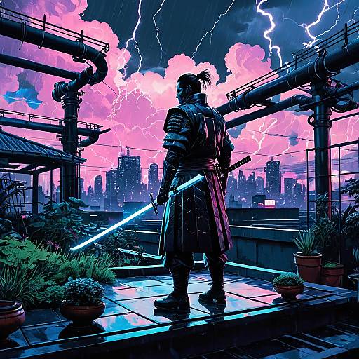 Cyberpunk Samurai on Dystopian Rooftop