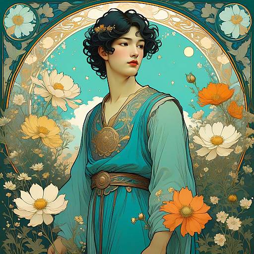 Art Nouveau Man in Cosmos Garden