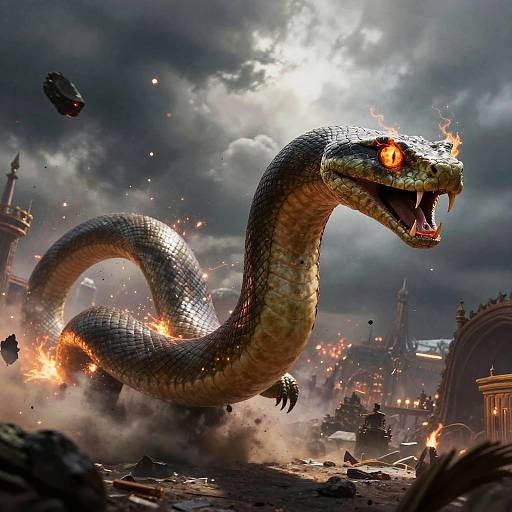Photorealistic digital art of a massive, fiery-eyed serpent with sharp teeth destroying a cloudy, war-torn cityscape with crumbling buildings and debris.