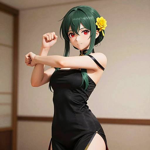 Confident Anime Woman in Black Dress