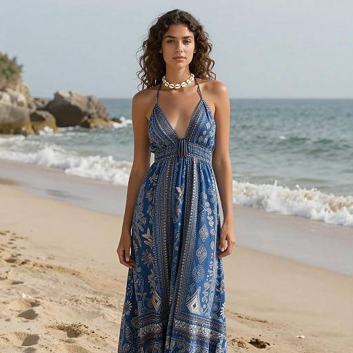 Woman in Bohemian Maxi Dress on Beach