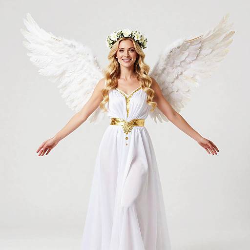 Woman Dressed as Angel with White Feathered Wings