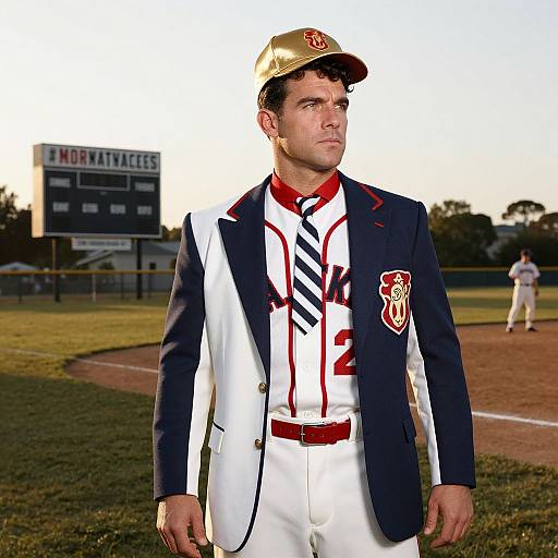 Photograph of a young, athletic white male baseball player in a white and navy uniform, gold cap, standing on a field at sunset.