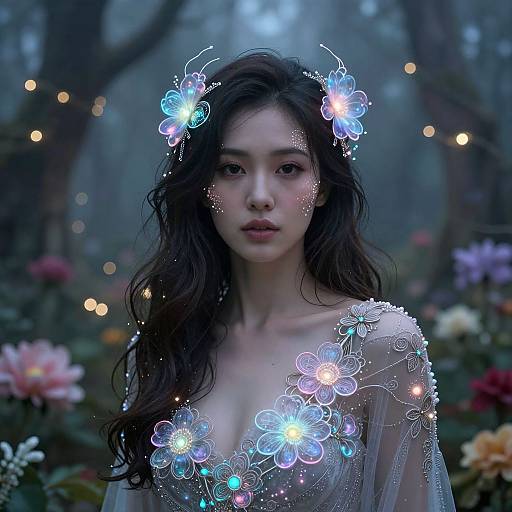 Digital artwork of a fair-skinned, dark-haired woman with glowing flower headpiece and glowing floral dress in a misty, forested garden.