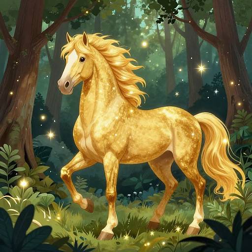 Majestic Golden Horse in Enchanted Forest
