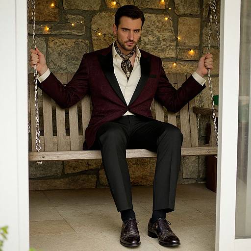 Photograph of a handsome man with short dark hair and beard, wearing a black suit, white shirt, and patterned tie, sitting on a wooden