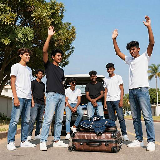 Sunlit Boys with Rolling Suitcases