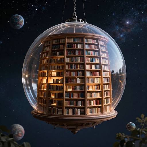 Photorealistic CGI of a spherical glass dome housing a lit, wooden bookshelf with glowing lights, suspended in a starry night sky with planets.