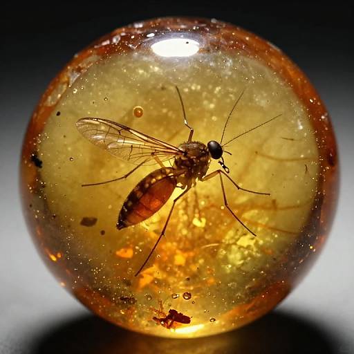 Photograph of a preserved mosquito inside a transparent amber-colored spherical resin, with a glowing yellow-orange background and small air bubbles.