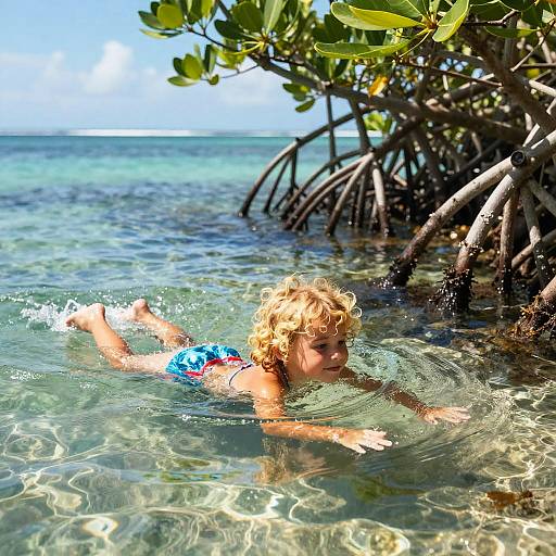 Photograph of a blonde, curly-haired toddler in blue and red swim trunks, swimming in clear, shallow ocean water near mangrove roots, with