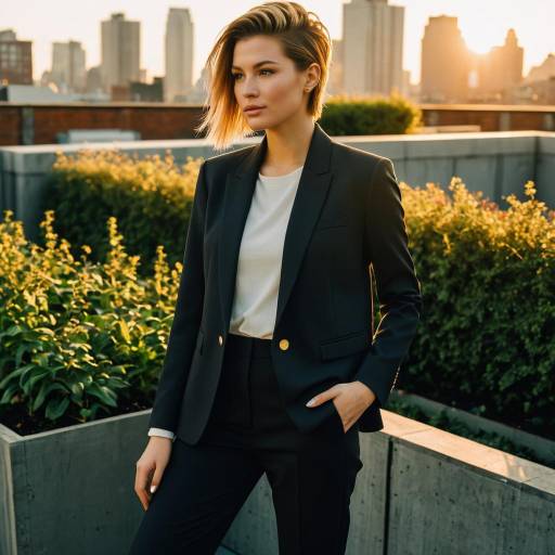Woman with Box Fade Hairstyle in Blazer on Rooftop