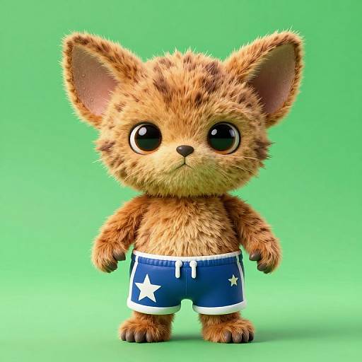 Cute, digital CGI, fluffy brown cat with large black eyes, wearing blue swim trunks with white stars, against a bright green background.