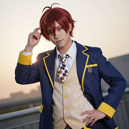 Photograph of a young man with red, shaggy hair, wearing a navy and yellow school uniform with a white vest and polka dot tie