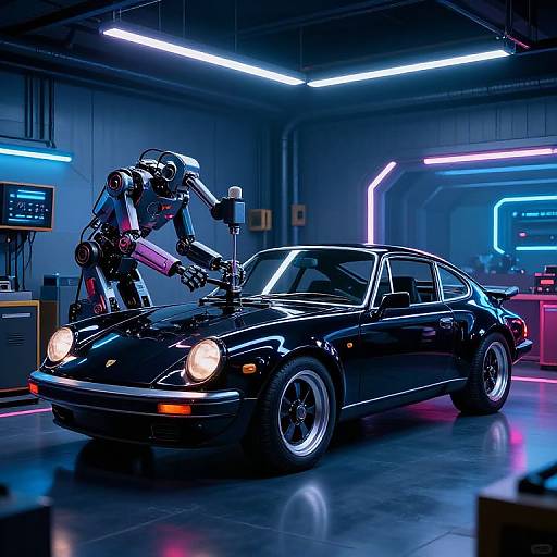 Cyberpunk photo: Neon-lit garage with robotic arm washing a sleek, black sports car, glowing blue and purple lights, futuristic tech background.