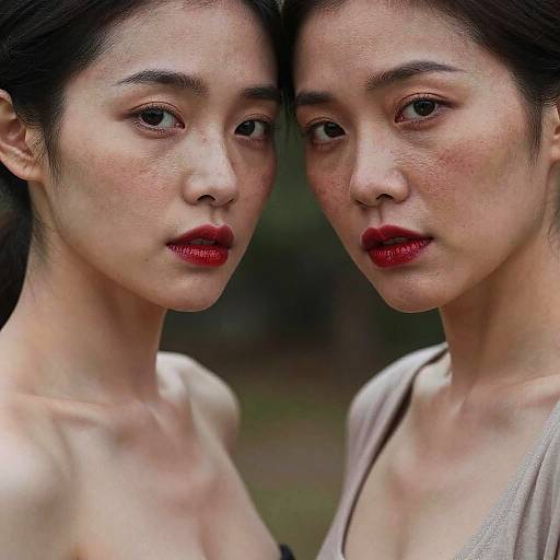 Portrait of Two Asian Women with Red Lips and Freckles