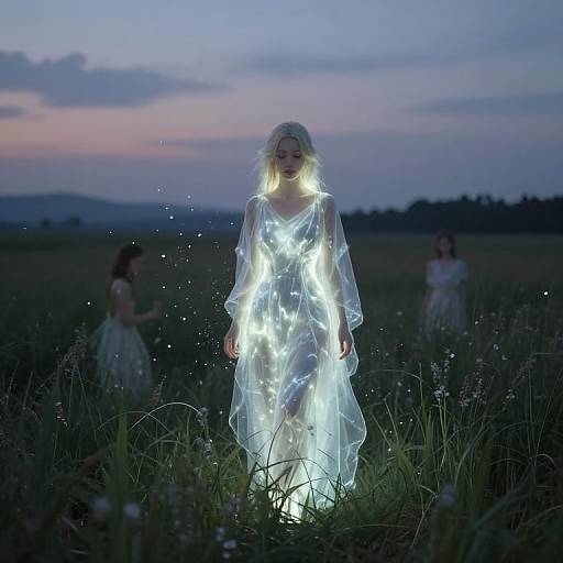 Photograph of a glowing, ethereal woman in a translucent dress standing in a dark, grassy field at twilight, with two blurred figures in the