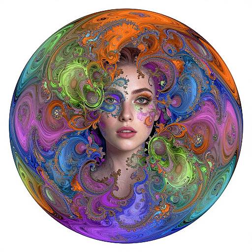 Digital artwork of a woman with vibrant, swirling psychedelic colors in her hair, blending orange, purple, green, blue, and pink. Her face is