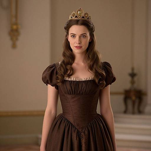Photograph of a fair-skinned woman with long brown hair, wearing a black Renaissance-style dress and gold crown, standing in an elegant, softly lit