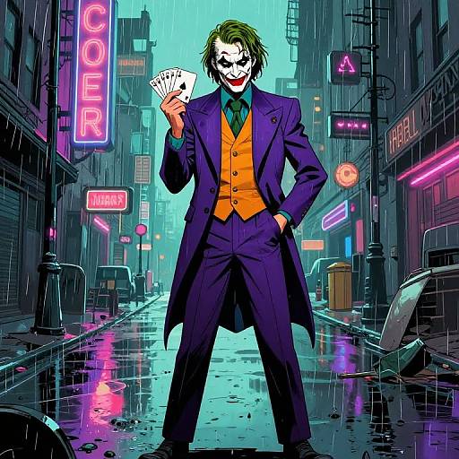 Digital comic art of Joker in a purple suit, orange vest, holding cards, standing in a neon-lit, rain-soaked urban alley.