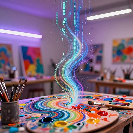 Photograph of a vibrant art studio: colorful abstract paintings on walls, illuminated blue and purple neon waves over a paint-splattered palette.