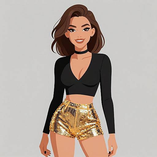 Digital illustration of a smiling woman with brown hair, wearing a black long-sleeve crop top, gold sequin shorts, and black choker.