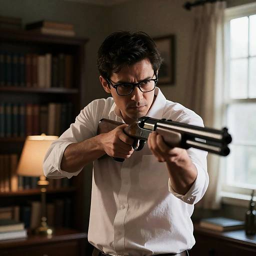 Intense Man Pointing Shotgun in Room