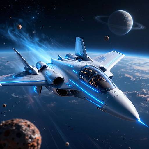 Photorealistic CGI of a futuristic, blue-lit, dual-engine fighter jet soaring through space, surrounded by planets, with a glowing exhaust trail.