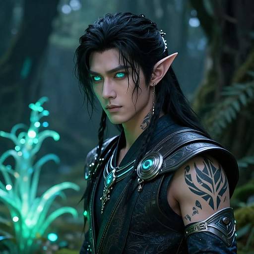 Digital fantasy artwork of a handsome, black-haired elf with glowing blue eyes, pointed ears, dark armor, and tribal tattoos, standing in a mystical,