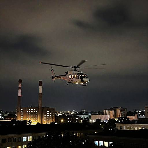 Urban Nightscape with Helicopter and Smoke