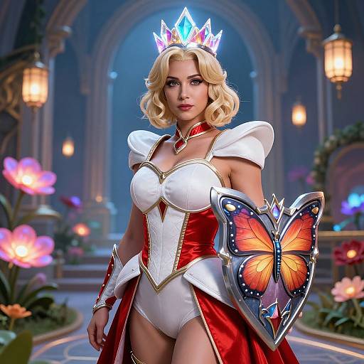 Digital art of a blonde, fair-skinned woman with a crown, wearing a white and red armor dress, holding a butterfly shield, in a magical