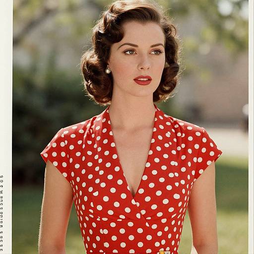 Photograph of a vintage-style woman with dark curly hair, wearing a red polka dot dress with white dots, standing outdoors.